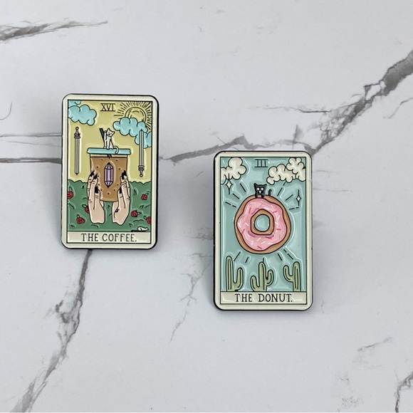 Jewelry - Coffee and Donut Tarot Card Pins Fun Lapel Pin Foodie Gifts Coffee Lover Pin